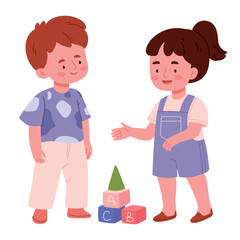A girl and a boy are playing with cubes.Kindergarten girl and boys friends. Happy little kids during game at nursery.