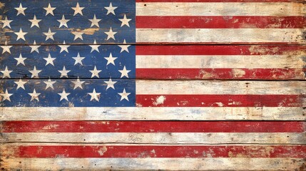 Fototapeta premium American Flag Painted on Distressed Wood Planks Background