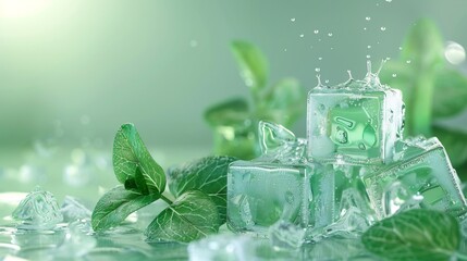 Refreshing Green Ice Cubes and Mint Leaves
