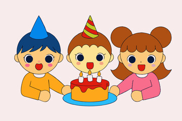 Birthday eating cake kids art vector illustration