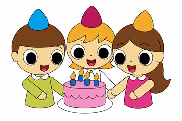 Birthday eating cake kids art vector illustration