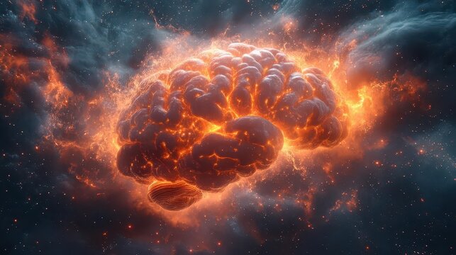 exploding human brain transforming into a cosmos of swirling ideas knowledge and creativity surreal digital art style