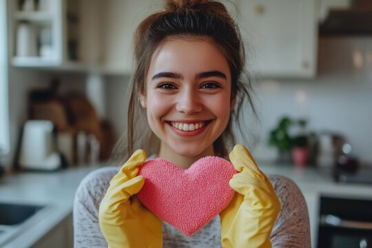 Cleaning Gloves Heart. Happy Woman in Cleaning Service Showing Love Sign with a Beautiful Smile