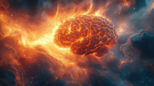 exploding human brain transforming into a cosmos of swirling ideas knowledge and creativity surreal digital art style