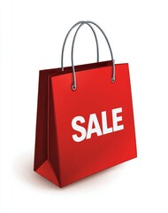 Red shopping bag with sale sign for retail promotions and marketing