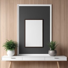 white poster frame close up in modern home interior with light dark colored wood texture walls, wall mockup, 3d rendering