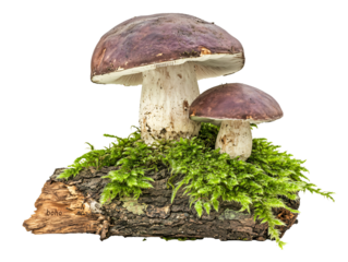 mushrooms on a log with moss