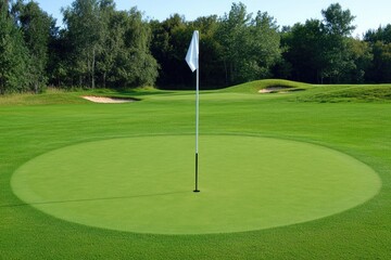 Obraz premium Golf Flagstick on Putting Green at Golf Course. Hole with Blank White Flagstick