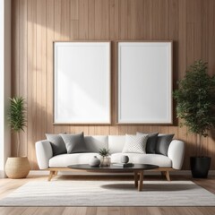 white poster frame close up in modern home interior with light dark colored wood texture walls, wall mockup, 3d rendering