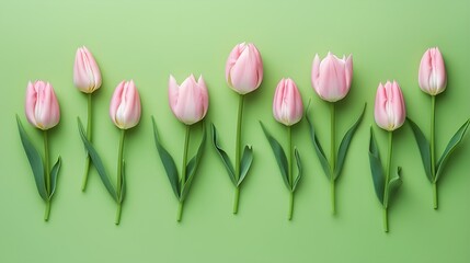 White and pink tulip flowers minimal flat lay pattern on green background.