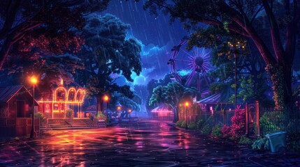 Obraz premium Night view of creepy park with ferris wheel illuminated by lights in rain.