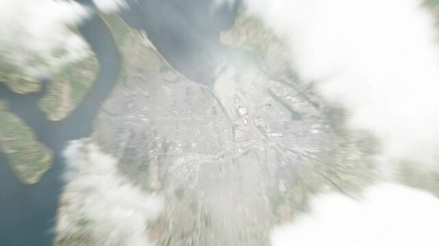 Earth zoom in from space to Tacoma, Washington, USA. Followed by zoom out through clouds and atmosphere into space. Satellite view. Travel intro. Images from NASA