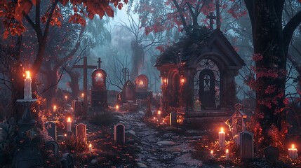 Obraz premium Happy Halloween, gloomy fairy tale fairy landscape cemetery graves in the forest Day of the dead, mystery horror. 3d render stock photo