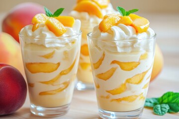 Peach Sundae. Delicious Dessert with Creamy Yogurt and Fresh Peach