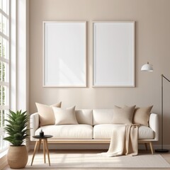 white poster frame close up in modern home interior with light beige colored texture walls, wall mockup, 3d rendering