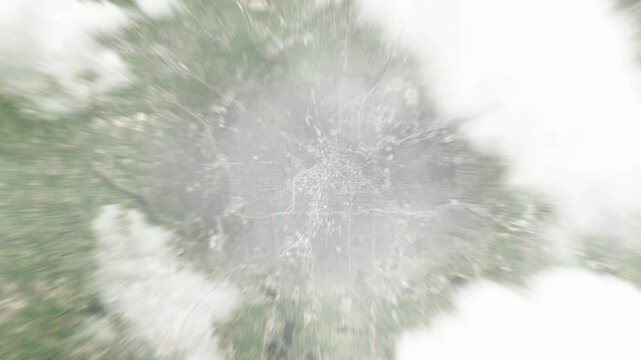 Earth zoom in from space to Akron, Ohio, USA. Followed by zoom out through clouds and atmosphere into space. Satellite view. Travel intro. Images from NASA