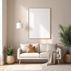 white poster frame close up in modern home interior with light beige colored texture walls, wall mockup, 3d rendering