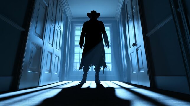 Sinister cowboy ghost at high noon, eerie shadows, 3D illustration