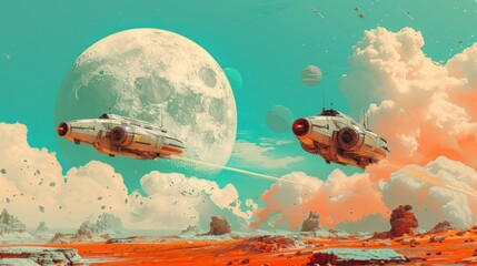 Naklejka premium A pair of advanced spaceships soar above a barren alien world with massive moons rising on the horizon, creating a breathtaking space sci-fi landscape.