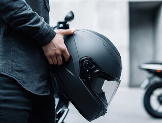 man is standing next to his motorcycle, taking off the helmet from its bag