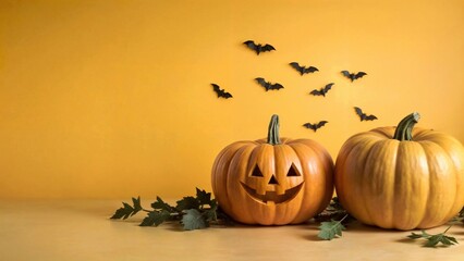 Two pumpkins with jack-o-lantern faces, sitting on a wooden surface with a yellow background and bat silhouettes, copy space