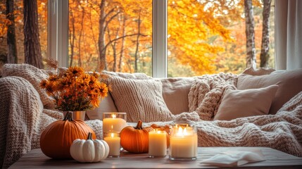Cozy living room with pumpkins and candles, warm fall evening light