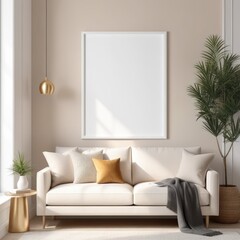 white poster frame close up in modern home interior with light beige colored texture walls, wall mockup, 3d rendering
