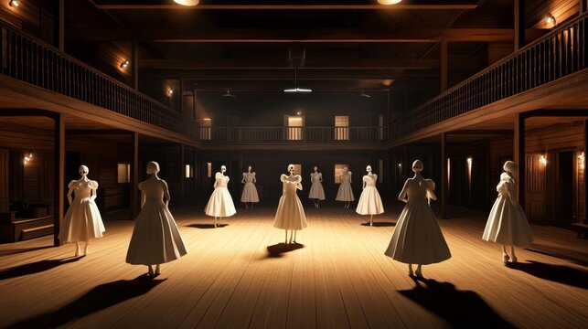 Spooky saloon with ghostly dancehall girls, 3D illustration