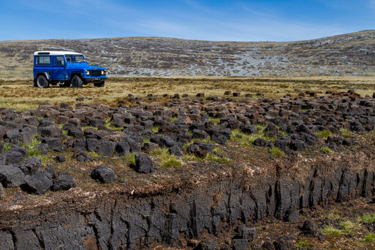 Cut peat drying for use as fuel at Long Island Farm outside Stanley in the Falkland Islands, South Atlantic Ocean