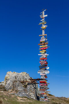 Views of the Signpost just outside of Stanley, the capital and only true city in the Falkland Islands, South Atlantic Ocean