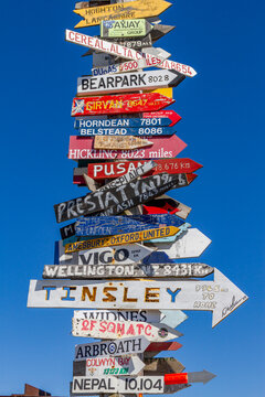 Views of the Signpost just outside of Stanley, the capital and only true city in the Falkland Islands, South Atlantic Ocean