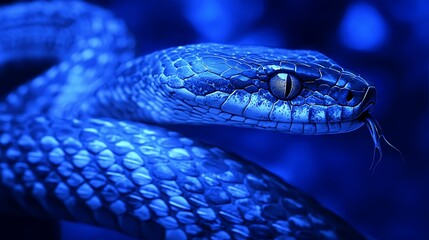 A close-up of a blue snake with a forked tongue, its scales shimmering in the light.