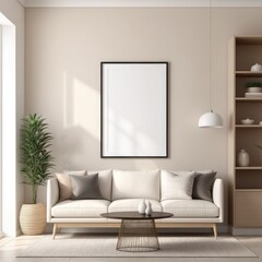 white poster frame close up in modern home interior with light beige colored texture walls, wall mockup, 3d rendering