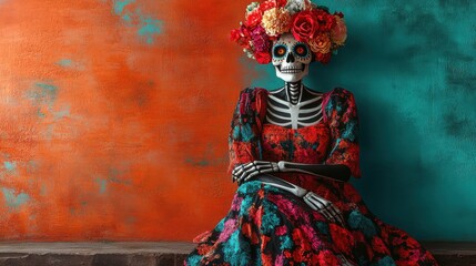 La Catrina skeletal figure in colorful dress, hyper-realistic photo
