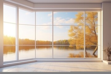 Modern Interior with Panoramic Lake View and Autumn Foliage