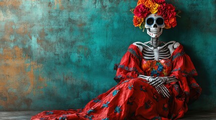 Fototapeta premium La Catrina skeletal figure in colorful dress, hyper-realistic photo