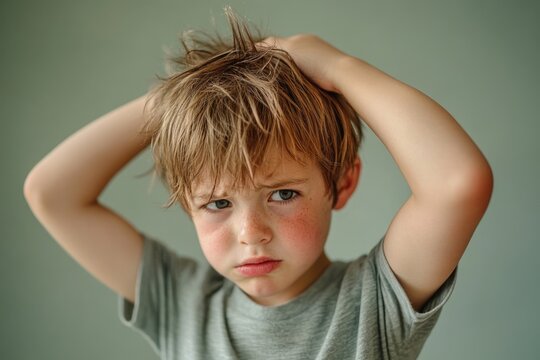 Boy Scratching Head in Discomfort Due to Itchy Hair from Lice or Allergy