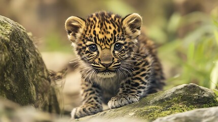 Fototapeta premium A close-up of a cute leopard cub with its spots and blue eyes looking at the camera.