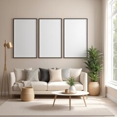 white poster frame close up in modern home interior with light beige colored texture walls, wall mockup, 3d rendering