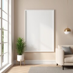 white poster frame close up in modern home interior with light beige colored texture walls, wall mockup, 3d rendering