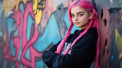 Fototapeta premium Bold Spirit: Confident Teenage Girl with Pink Hair in a Black Hoodie Against Graffiti Wall - Ideal for Sporty Interior Posters and Inspiring Youth Spaces