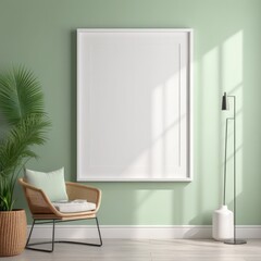 white poster frame close up in modern home interior with light green colored walls, wall mockup, 3d rendering