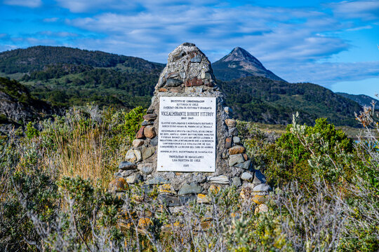 Marker in Wulaia Bay, Tierra del Fuego, Chile
