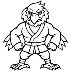 Angry karate Eagle white background line art vector illustration