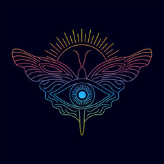 All seeing eye,butterfly and sun. Graphic icon in line art style with gradient colors.