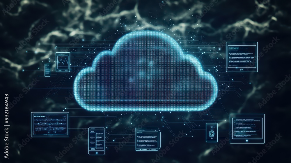 Poster a digital cloud icon representing data storage and technology, with devices and codes surrounding it