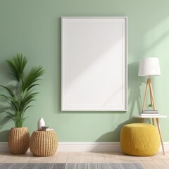 white poster frame close up in modern home interior with light green colored walls, wall mockup, 3d rendering