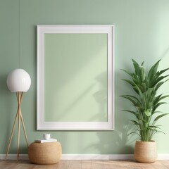 white poster frame close up in modern home interior with light green colored walls, wall mockup, 3d rendering
