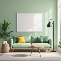 white poster frame close up in modern home interior with light green colored walls, wall mockup, 3d rendering