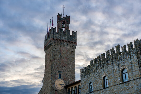 Priori Palace iconic stone tower of Arezzo at sunset, Arezzo, Tuscany, Italy
